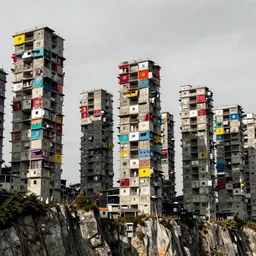 high towers made up of concrete makeshift squatter shacks with bright colours, suspended over a cliff, phase one, uniform plain sky, fine details, photographed by michael wolf