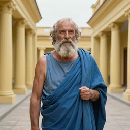 1 9 7 0 s movie still of old socrates in blue drapery in a yellow neoclassical street with collums, cinestill 8 0 0 t 3 5 mm, high quality, heavy grain, high detail, panoramic, ultra wide lens, cinematic composition, dramatic light, anamorphic, piranesi style, etienne - louis boullee style