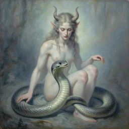 the devil and a serpent, ethereal, painting by karol bak