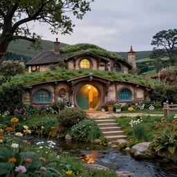hobbiton architecture near a stream, with garden and steps, highly detailed matte painting, evening, by stanley artgerm lau, greg rutkowski, thomas kinkade, alphonse mucha, loish, norman rockwell, artstation, unreal engine 5