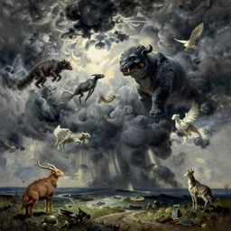 new strange animals are coming down from the sky, a painting by Zdzisław Beksiński