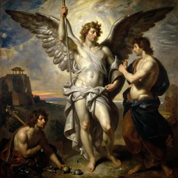 a painting of archangel michael by gustav moreau, jean delville and  Gaston Bussiere