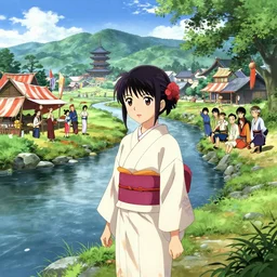 an anime landscape of a girl wearing a kimono, near the river in a japanese summer festival from skyrim, by stanley artgerm lau, wlop, rossdraws, james jean, andrei riabovitchev, marc simonetti, and sakimichan, trending on artstation