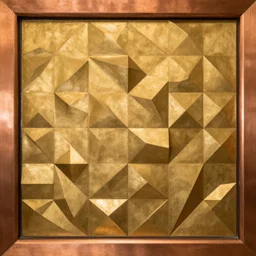 a wall made of geometric gold pieces overlaying each other. The wall is bordered by a copper tinted mirror.
