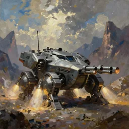 an armored core v on the ground, booster flares, legs, laser rifles, karst landscape, art by greg rutkowski, oil painting