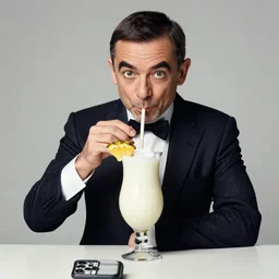 mr bean drinking a pina colada photo shoot, fashion