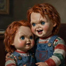 poignant portrait of an old screaming chucky doll remembering his wife, the years weigh heavily in his eyes, nostalgia, melancholy, grief, peace