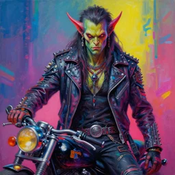 a medium shot of a scifi post apocalyptic demonic orcish goblin biker character standing in a cool pose, psychedelic vibrant colors, futuristic punk rock fashion, oil painting by michael whelan art, sharp focus, realistic, perfect face, detailed eyes, highly detailed, long hair, studded leather jacket, 8 k