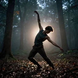 a smudged, scratched, grainy and blurry photograph showing the whole body of a young tall man dynamically and frenetically dancing in the dark forest. it's a wild and unpredictable dance. in the foggy woods, night time, long exposure, atmospheric lighting, rim light