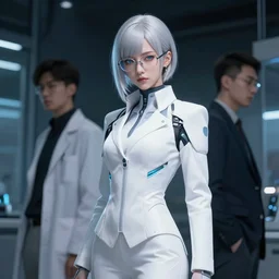 a scientist girl with silver hair wearing white suit and glasses, cyberpunk style by artgerm, wlop and charlie bowater