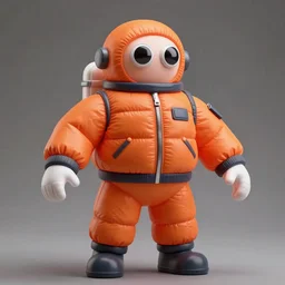 still figurine of a tall giant inflated space man action figure wearing over sized orange puffy bomber jacket, googly eyes, tareme eyes, small head, personification, dynamic pose, detailed product photo, tone mapped, beautiful composition, 8 5 mm, f 5. 8, soft lighting