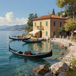 italian building with gondola boats on rocky receding shoreline of lake tahoe low tide low water level and a roman style dock, digital painting, high quality, dreamlike, volumetric lighting, trending on artstation