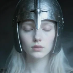 out of focus photorealistic portrait of a beautiful aesthetic pale woman by saul leiter, medieval helmet, very blurry, translucent white skin, closed eyes, foggy, pale lips