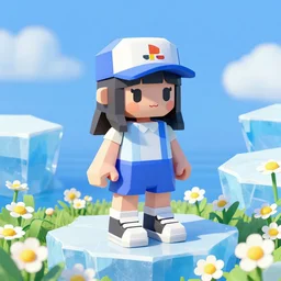 lowpoly ps playstation 1 nintento n 6 4 anthropomorphic lurantis girl in an ice floe standing in a field of daisies wearing converse shoes and a davey crockett hat, digital illustration by ruan jia on artstation