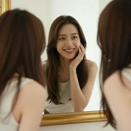 she smiles when she recognizes her reflection in the mirror