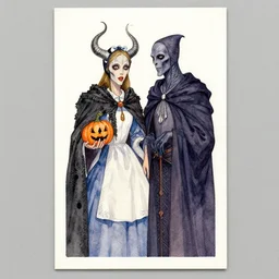 nyarlathotep vintage halloween postcard, watercolor postcard, alice and martin provensen illustration