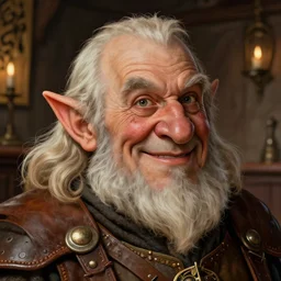 head and shoulders portrait of a dwarf adventurer, jovial, scarred lip, grandfatherly, leather armor, male, tavern background, high fantasy, d & d, by klimt, face details, extremely detailed, digital illustration
