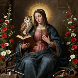 renaissance masterpiece of a beautiful peaceful Santa muerte with a book in her hand, her beloved owl on her shoulder, and all around there are little red and white flowers, guns and ammunitions offered by devotees + no crop, visionary art, extremely high detail, realistic, octane render, post processed,