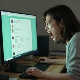 UHD hyperrealistic photorealistic detailed image of a woman yellingat her computer screen in rage while reading some text, on the screen is a chat program with a green undertone by Ayami Kojima Amano Karol Bak, Greg Hildebrandt and Mark Brooks