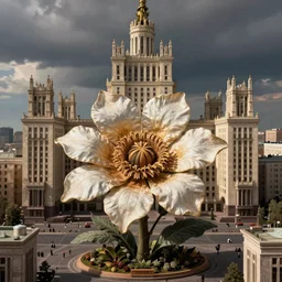 colossal Beelzebub flower in the middle of post soviet constructivist cityscape, Stalinist architecture, brutalist architecture, ultradetailed, Intricate by James Jean and Giuseppe Arcimboldo