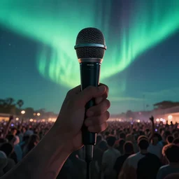 microphone held forward, foreshortening, silhouette, huge crowd, outrun, hip hop, digital art, Aurora borealis, trending on Artstation, professional artist, detailed, 4k