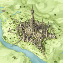 a fantasy map of a great medieval city on a river by jrr tolkien