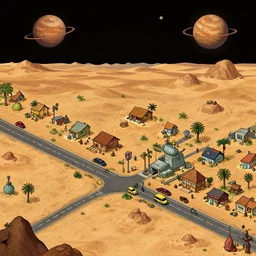 main street of a small human colony, on a remote desert planet, from a space themed point and click 2 d graphic adventure game, set design by hg giger, art inspired by thomas kinkade