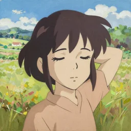 Greg Manchess painting of grown-up Velma Dinkley, winged eyelashes, countryside, calm, fantasy character portrait, dark outlines, dynamic pose, above view, sunny day, artwork by Makoto Shinkai, very coherent asymmetrical artwork, sharp edges, perfect face, simple form, 100mm