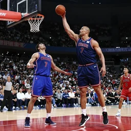 dwayne johnson playing yao ming in a biopic film, basketball scene, wide shot