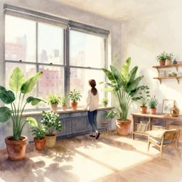 A sun filled NYC loft with plants, person standing near the window, watercolor