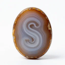 a studio portrait of an agate with the letter s in the banding white background