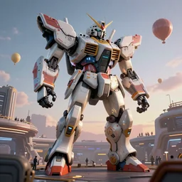 a beautiful hyperrealistic ultradetailed 3 d render of a gigantic mecha guarding a sci - fi spaceport, by peter gric : 3, mech, unreal engine, octane render, gigantic, unreal engine, octane render, 3 d, brilliantly coloured, intricate, ultra wide angle, trending on artstation, dusk, volumetric lighting, hdr, polished, micro details, ray tracing, 8 k : 2, people, sphere, balloon, blurry, blur, depth of field, dof, bokeh, obscured, macro : - 1