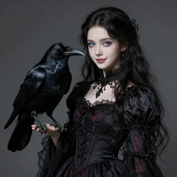 full body portrait of a girl with blue eyes, gentle face, smiling softly, long dark hair, intricate detailed goth dress, next to a beautiful raven, highly detailed, deep focus, elegant, digital painting, smooth, sharp focus, golden ratio, illustration, ultra realistic, 8 k, art by artgerm and caravaggio