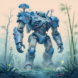grainy risograph matte painting of gigantic huge mech covered with wounds, blue, exotic vegetation, trees, flowers, tall bamboo grass, pastel matte colors, staying in the foggy huge swamp covered with web and cotton, fireflies, by moebius, kim jung gi, hyperrealism
