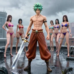 hisoka wearing borat pants with a shiny chrome sword in his hand while standing on a rainy rooftop with girls in colorfull bikini ‘ s in the back, anime style, 4 k, high detail, 3 d cgi, futuristic, apocalyptic