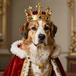 a detailed portrait of a dog in kings robes and wearing a crown
