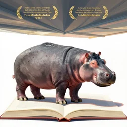 book illustration of hippopotamus walking in the ceiling, book illustration, vivid colors, white background