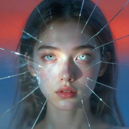 closeup portrait of a transparent beautiful girl, shattered glass, glowing iris, cinematic light, backlight glow, red sky blue, mist, by mikhail vrubel, by philippe druillet, by peter elson, by gerald brom, muted colors, ( ( extreme detail ) ), trending on artstation, 8 k