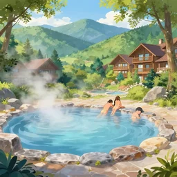 holiday resort, hot springs pool in the mountains, relaxing, summer, trees, steam clouds, detailed painting, trending on pixiv