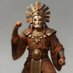 a highly detailed illustration of tribal masked aztec warrior wearing brown robe, heroic fist pose, intricate, elegant, highly detailed, centered, digital painting, artstation, concept art, smooth, sharp focus, league of legends concept art, wlop.