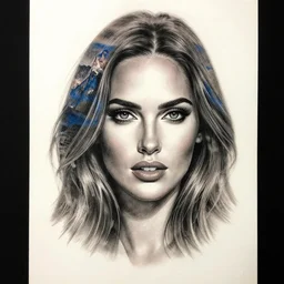 hyper realism tattoo sketch of megan fox face professional double exposure art with beautiful mountain scenery, in the style of matteo pasqualin, amazing detail, sharp, faded