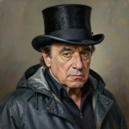 mysterious oil painting of Danny Devito wearing a raincoat and top hat, hyperrealistic, closeup —width 1024 —height 1024 —steps 150