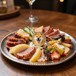 dogecoin charcuterie board, pieces of doge in the silver plate, wooden table, exquisite restaurant, five stars michellin, professional food shot, gourmet dish, with veggies. low light, bokeh, masterpiece.