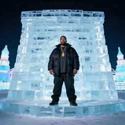 dramatic photo, the rapper'ice cube'frozen in ice at harbin ice festival, full body, wide angle photo, award winning