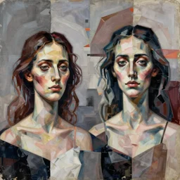 Two still figures facing camera, They are emotional. Chaotic, glitch art aesthetic, collage folded, ethereal painting in the style of Francis Bacon