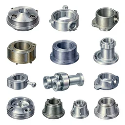 full color page scan reference sheet of various industrial components on white background, matte painting