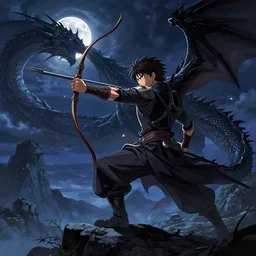 archer. dragon. night sky. moon. mountain. dark fantasy. high resolution. epic fight. detailed. digital art. artstation. by kentaro miura