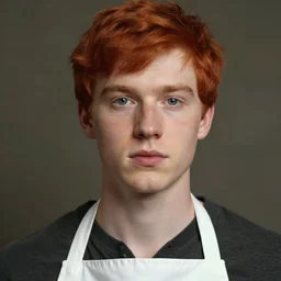 masterpiece closeup portrait of a young man with short red hair in a white apron by Amy Sherald, 4k, masterpiece, cinematic, dungeons and dragons, detailed