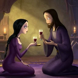 wednesday addams from the addams family as jesus sharing bread and wine with the local community, joyful, holy rays of spiritual light, goth, pixar style, shaded lighting poster by magali villeneuve, artgerm, jeremy lipkin and michael garmash, rob rey and kentaro miura style, trending on art station