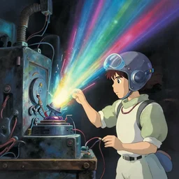 a magic machine connected to a boy with a helmet and electric cable with colorfull rays of light illuminate the environment by vanessa morales, studio ghibli,